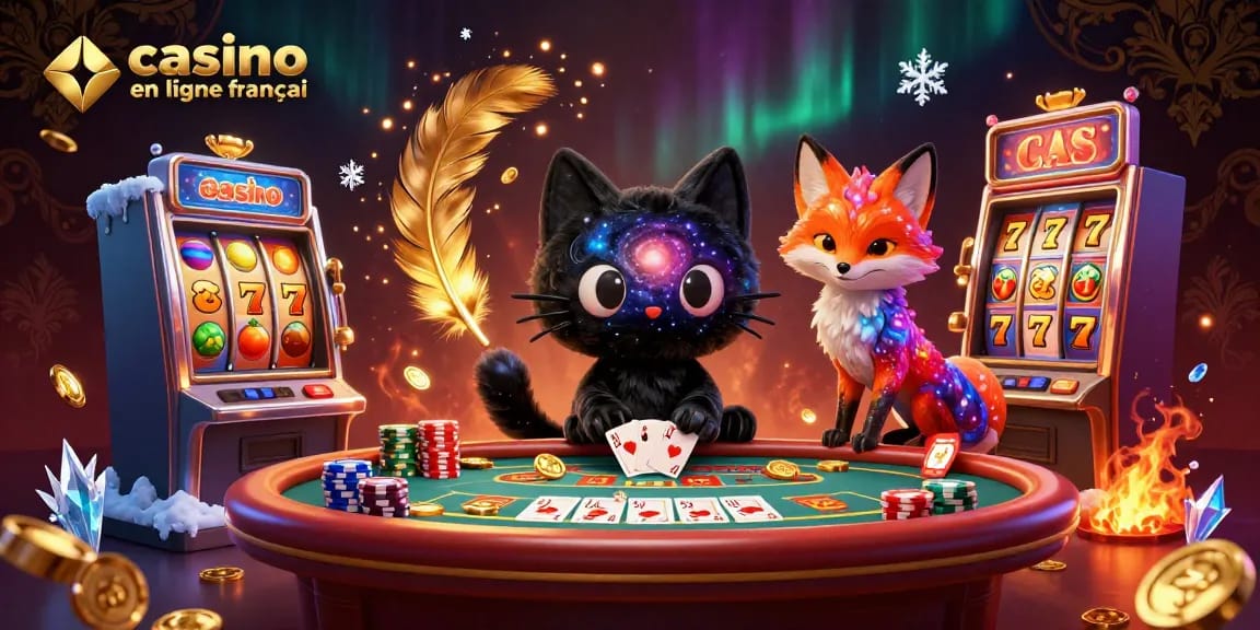 Illustration d'un chat noir gravitationnel dans un casino en ligne français attirant des jetons d'or.