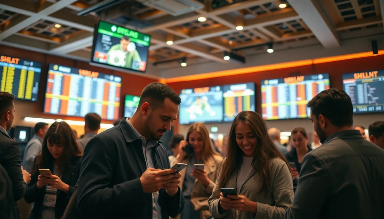 Excited gamblers engaging in sports betting at a modern sportsbook with live odds.