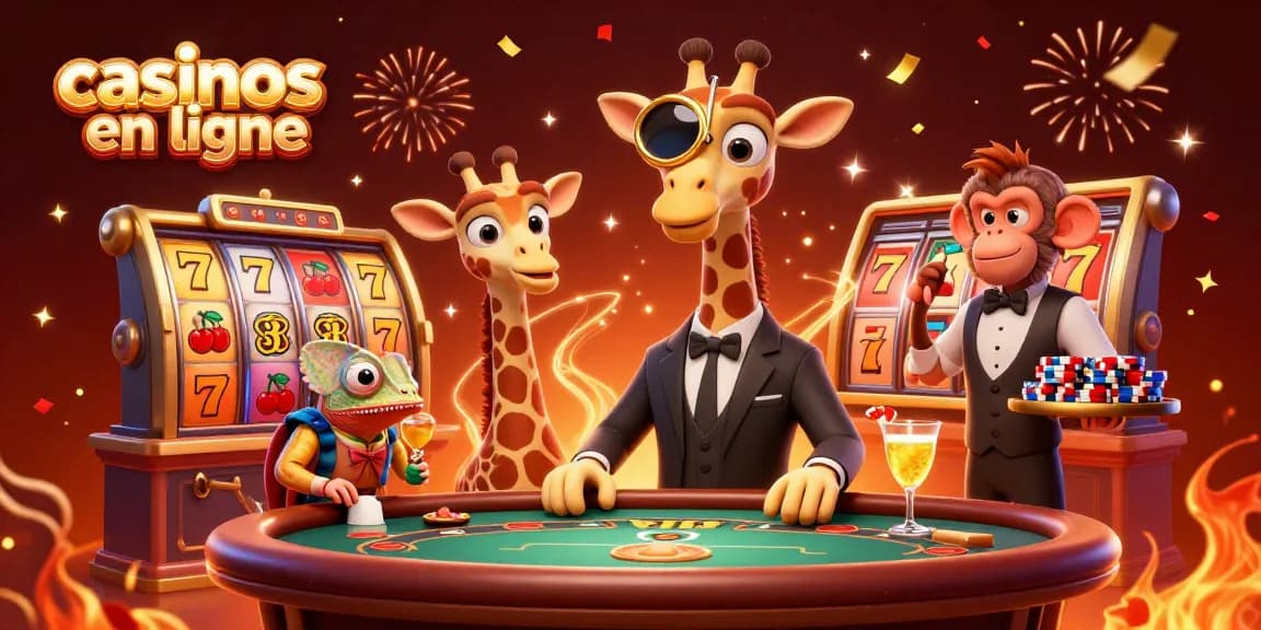 Illustration d'une girafe haut de gamme à un poker, représentant les casinos en ligne avec des rouleaux de machines à sous en arrière-plan.