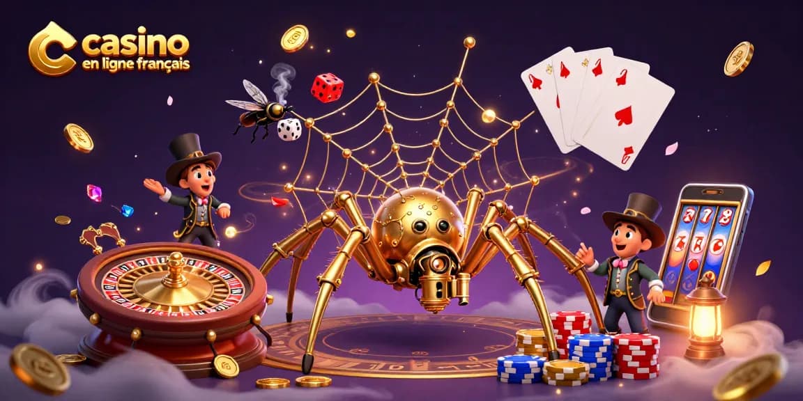 Le spider steampunk en or, capturant des dés malchanceux, dans une scène de casino en ligne français magique.