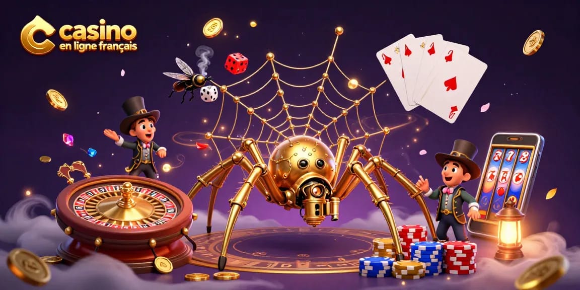 Le spider steampunk en or, capturant des dés malchanceux, dans une scène de casino en ligne français magique.