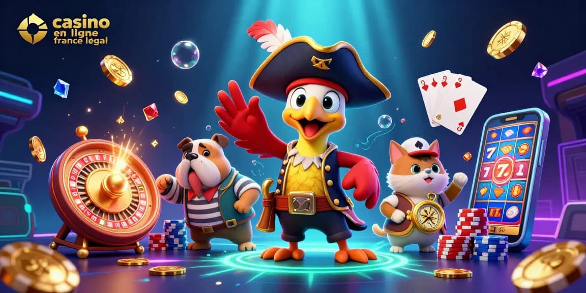Illustration dynamique d'un casino en ligne France légal, pirate et animaux naviguant autour de jeux d'argent.