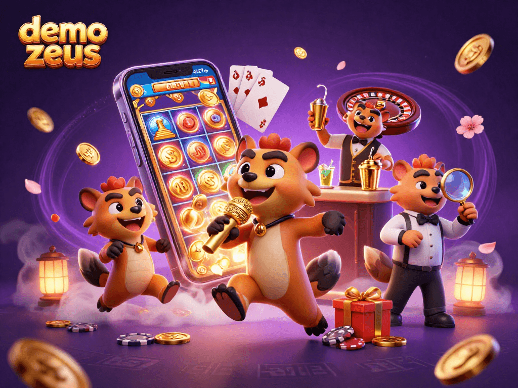 demo zeus menunjukkan hyena kartun menghibur di klub kasino dengan ponsel slot yang berkilau.