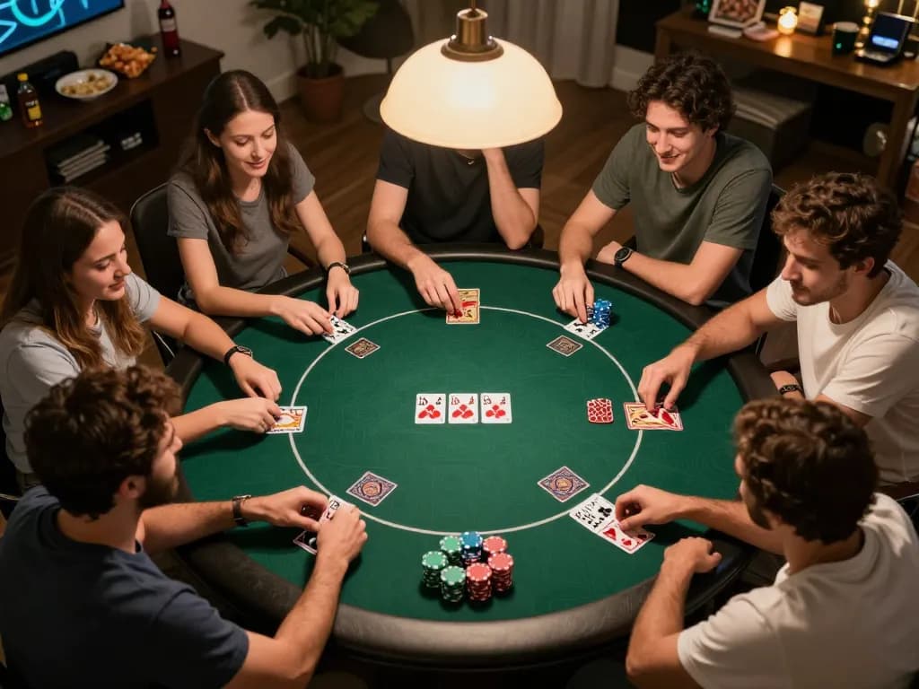 Players engage in judi slot strategies during a lively home poker night.