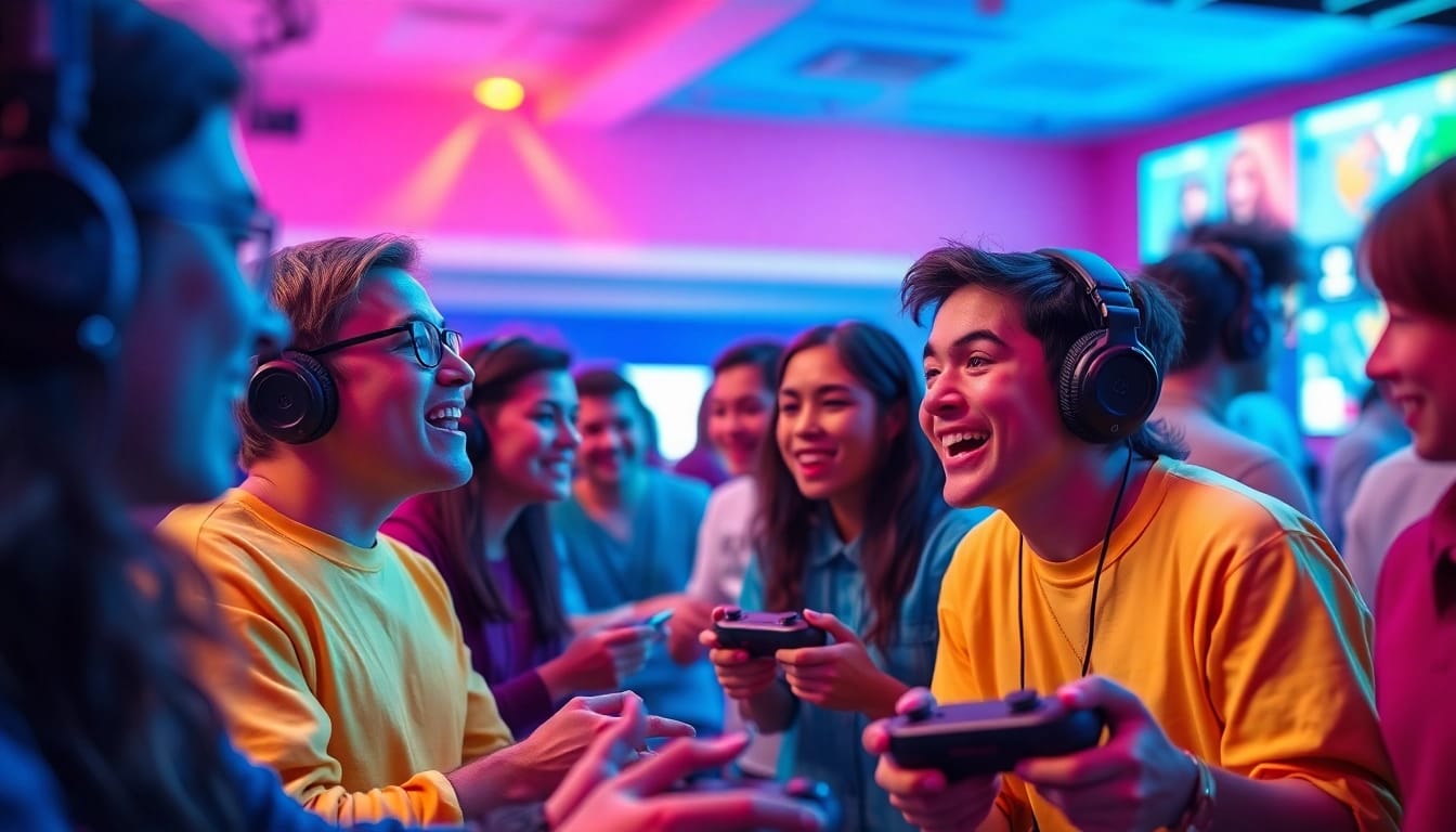 Players enjoying Yono games enthusiastically at a lively gaming event with vibrant colors.