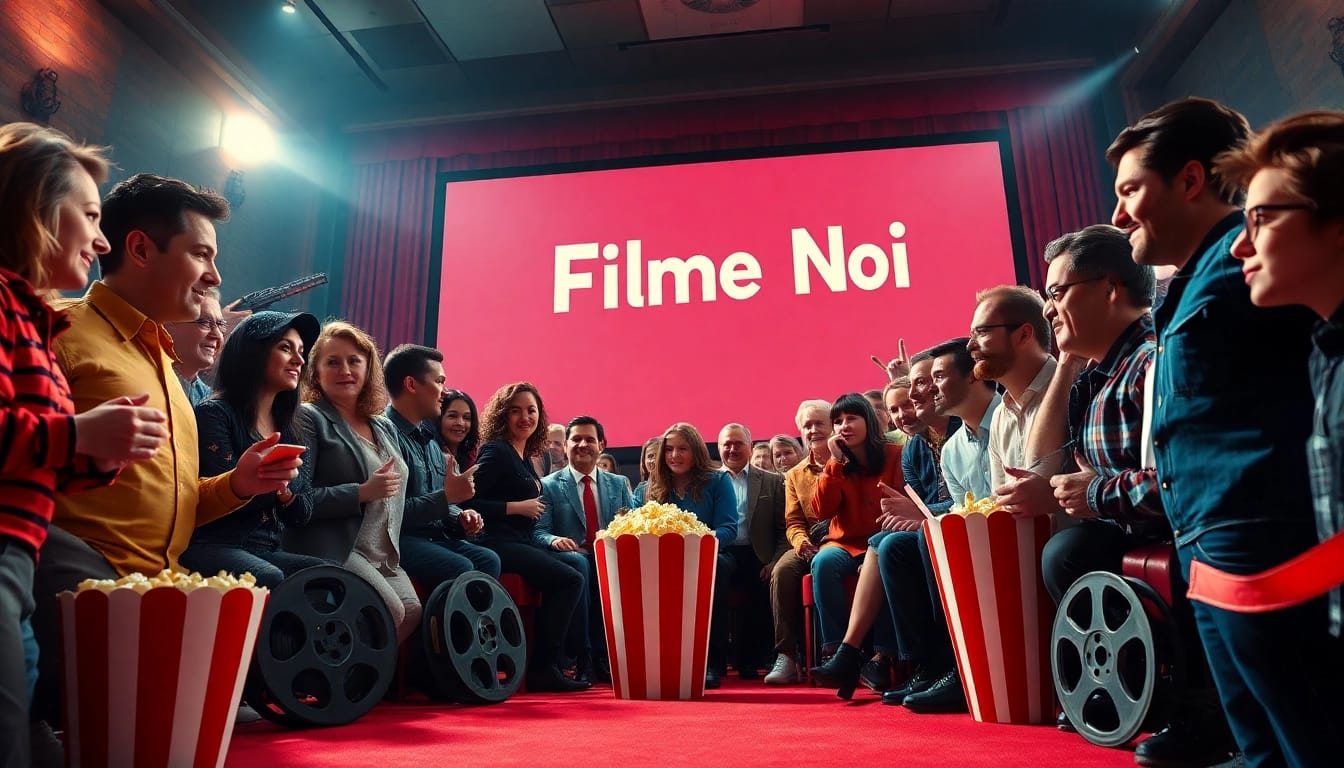Film lovers celebrating the latest filme noi with vibrant characters and cinema props.