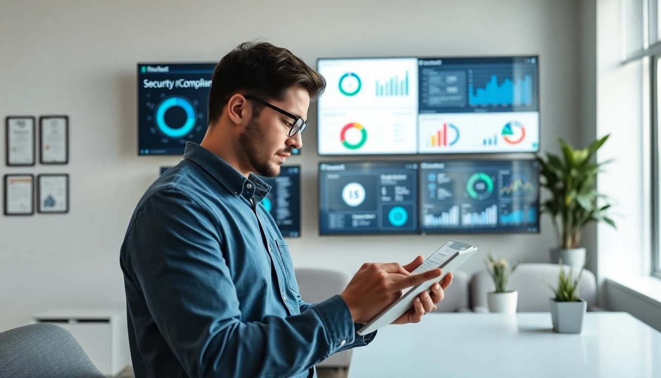 Monitor displaying Microsoft 365 Security & Compliance metrics while an analyst reviews data