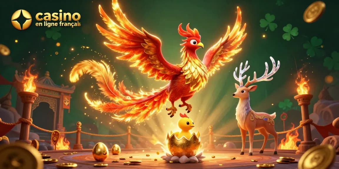 Illustration d'un phoenix en feu et un poussin qui éclot pour le casino en ligne français, entouré d'éléments de jeu.