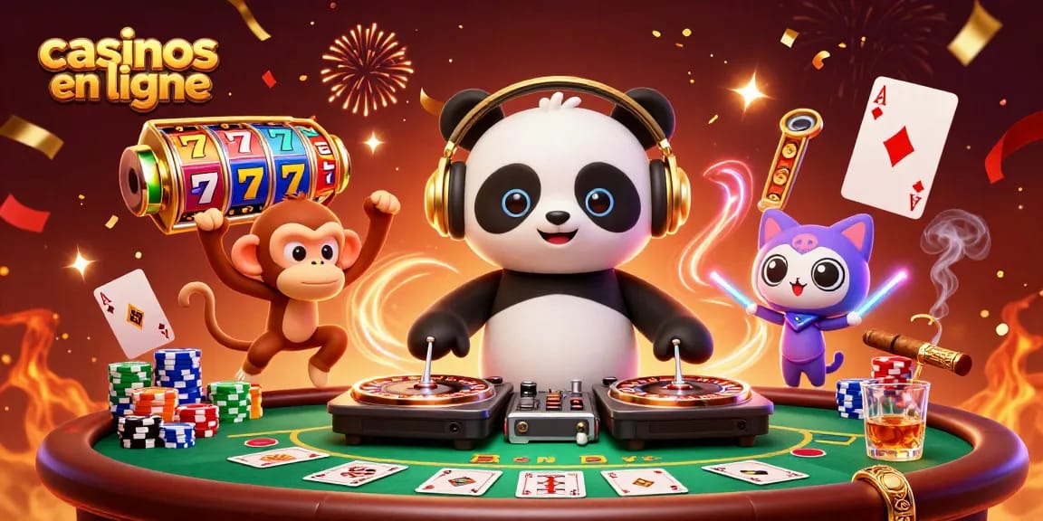 Jouez aux casinos en ligne avec un panda DJ et un singe dansant entourés de machines à sous et de jetons.
