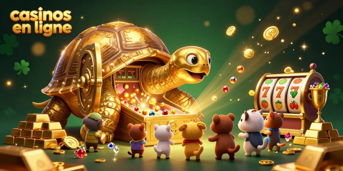 Jouez aux casinos en ligne avec un grand coffre de trésor et une tortue pinball animée.