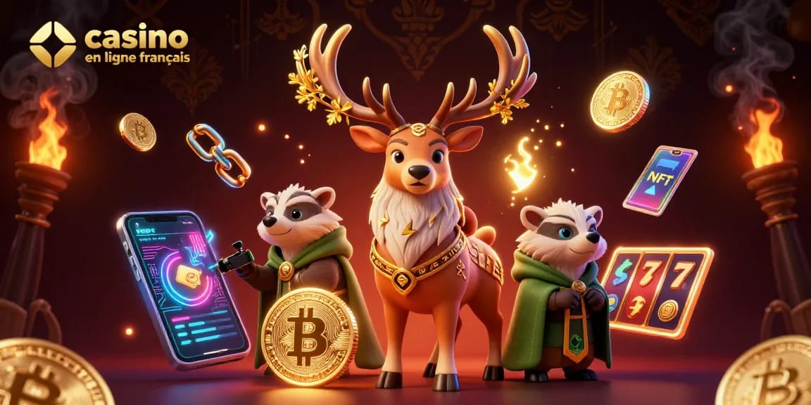 Gagnez aux jeux de casino en ligne français avec cette illustration dynamique d'animaux enchantés et éléments de jeu.