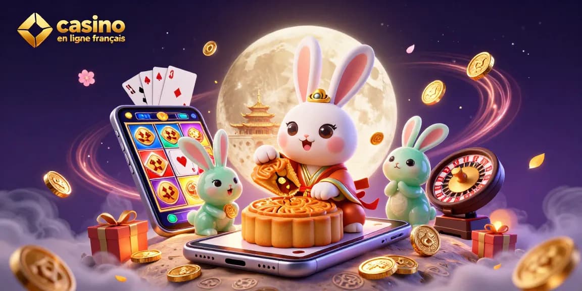 Scénario captivant de casino en ligne français avec un lapin de lune et des jetons de poker.