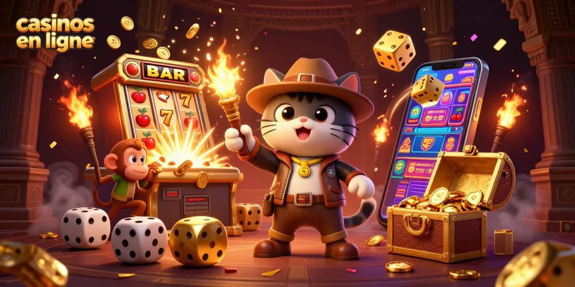 Découvrez des casinos en ligne avec un chat explorateur et un singe dans un temple rempli d'or.