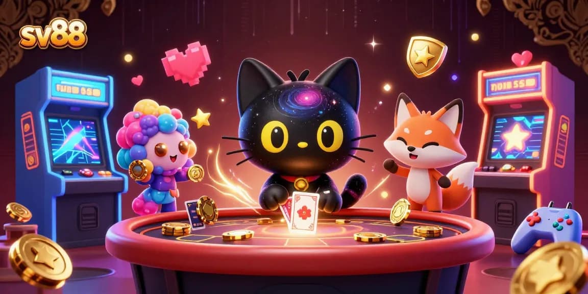 Engage with sv88's captivating cosmic casino, where a black hole cat and nebula fox draw in players with thrilling games and golden chips.