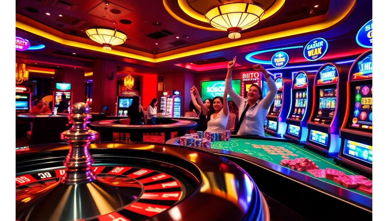 KJC AC 3 casino scene featuring roulette, poker tables, and slot machines.