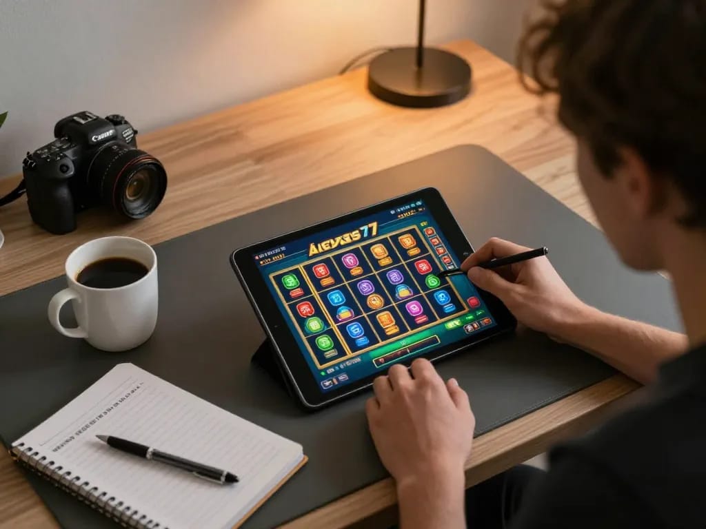 Engaging online gaming scene featuring alexis77 slot interface with colorful visuals and strategic planning items