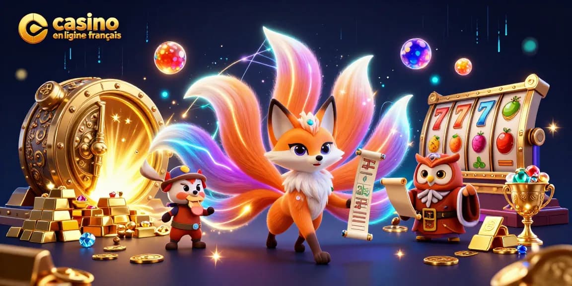 Célébrez le monde du casino en ligne français avec un renard à neuf queues lumineux, un sage hibou et des trésors scintillants.