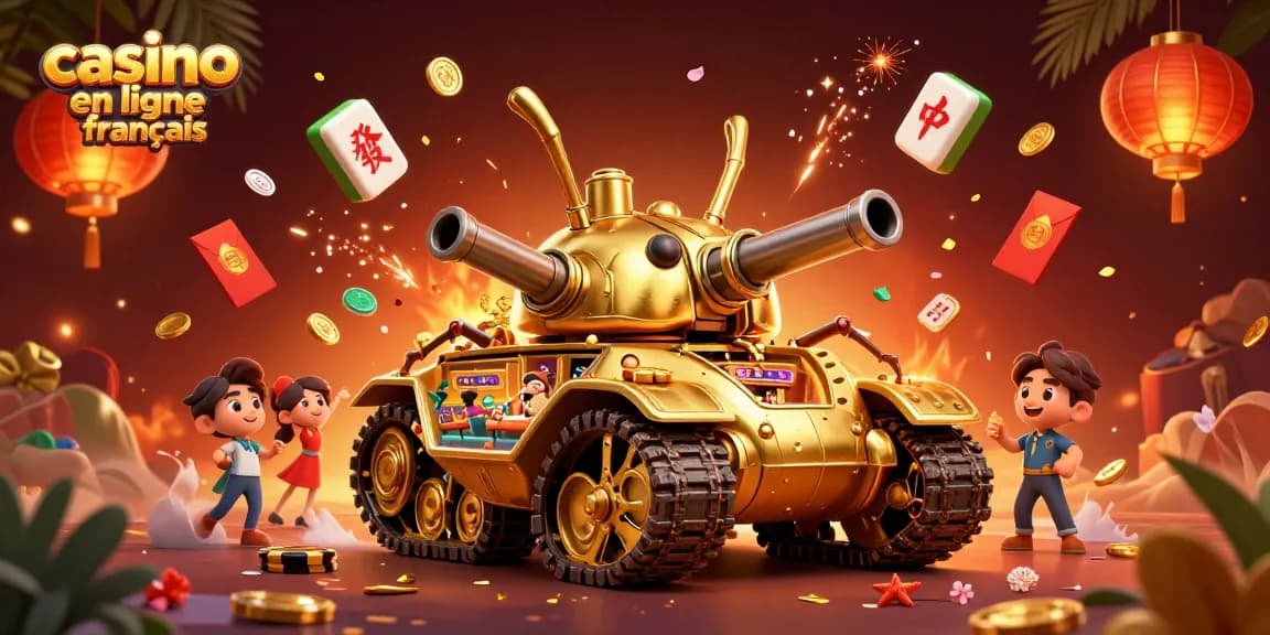 Découvrez un vibrant casino en ligne français animé avec un tank en forme de scarabée doré et des éléments festifs.