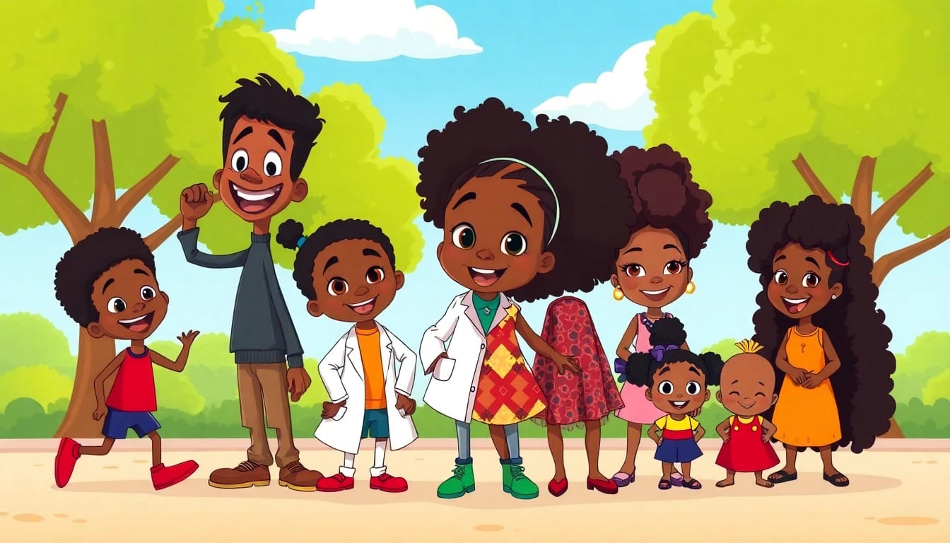 A joyful scene showcasing African American Cartoons characters in a colorful park, celebrating diversity in animation.
