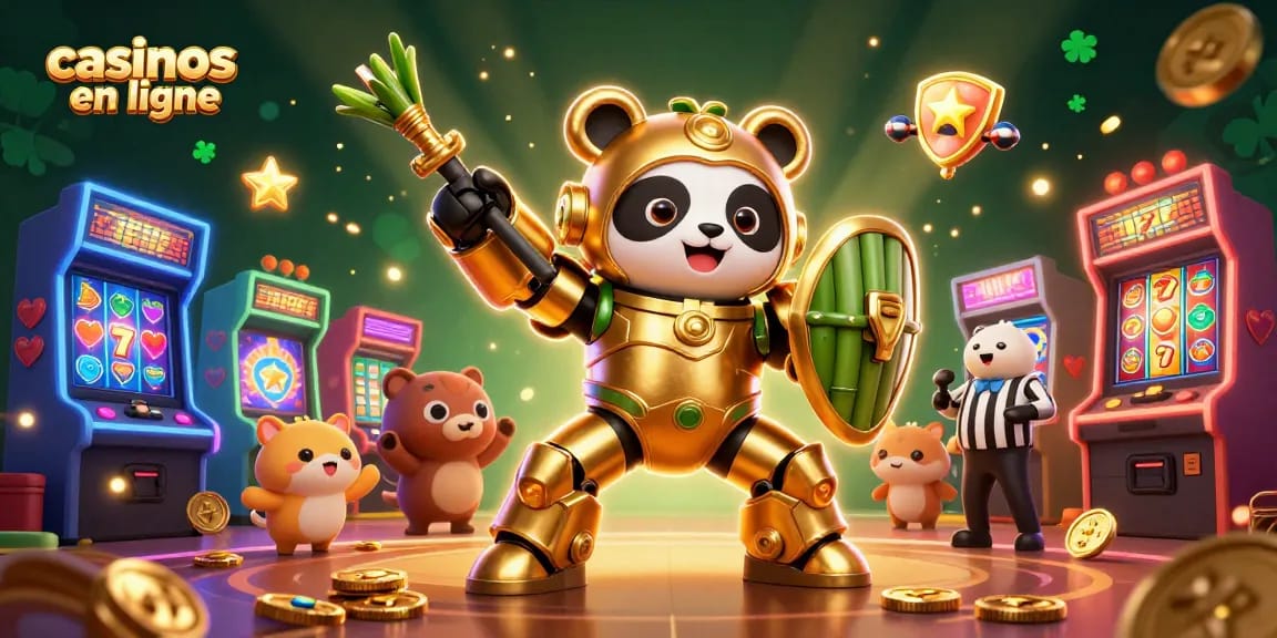Illustration dynamique de casinos en ligne avec un panda doré pilotant un robot de combat dans une arène festive.