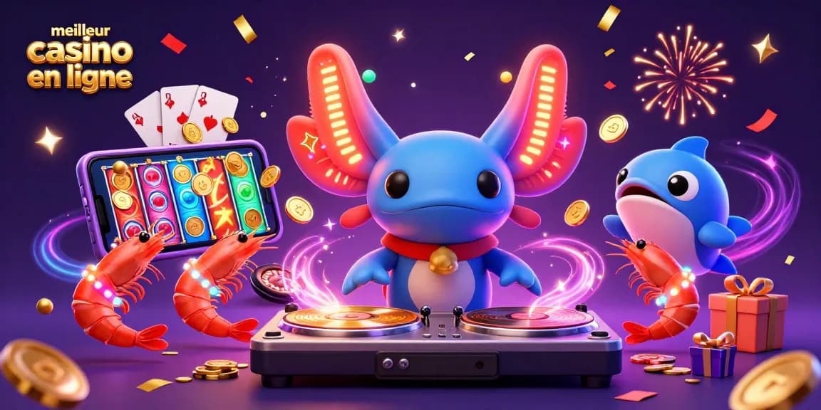 Jouer sur le meilleur casino en ligne avec un DJ axolotl vibrant entouré de jeux éblouissants.