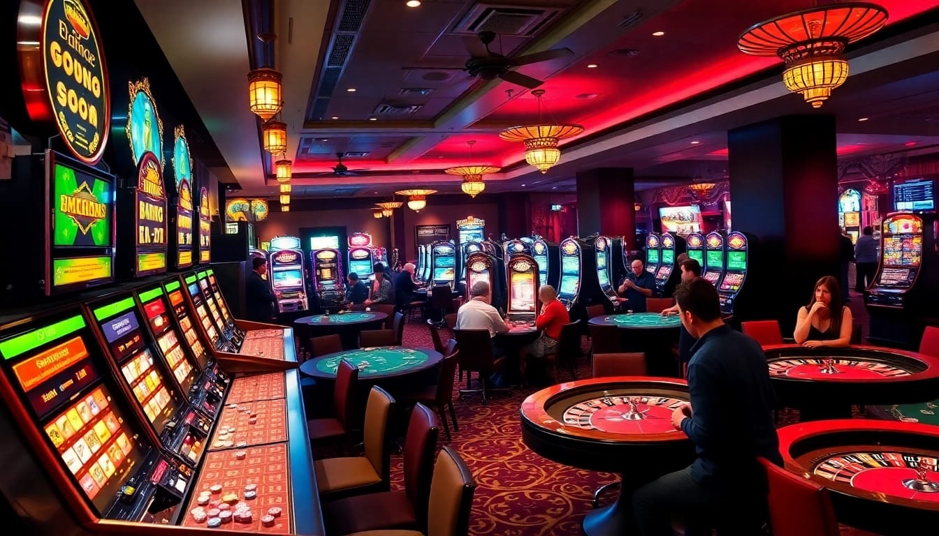 Experience the thrilling atmosphere of link mahjong at a lively casino, capturing players strategizing at poker tables and spinning roulette wheels.