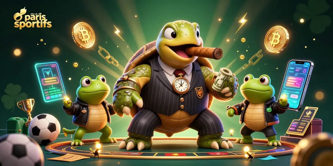 Ce site de paris sportifs présente une scène animée avec des personnages de casino, des éléments de pari et des pièces numériques.
