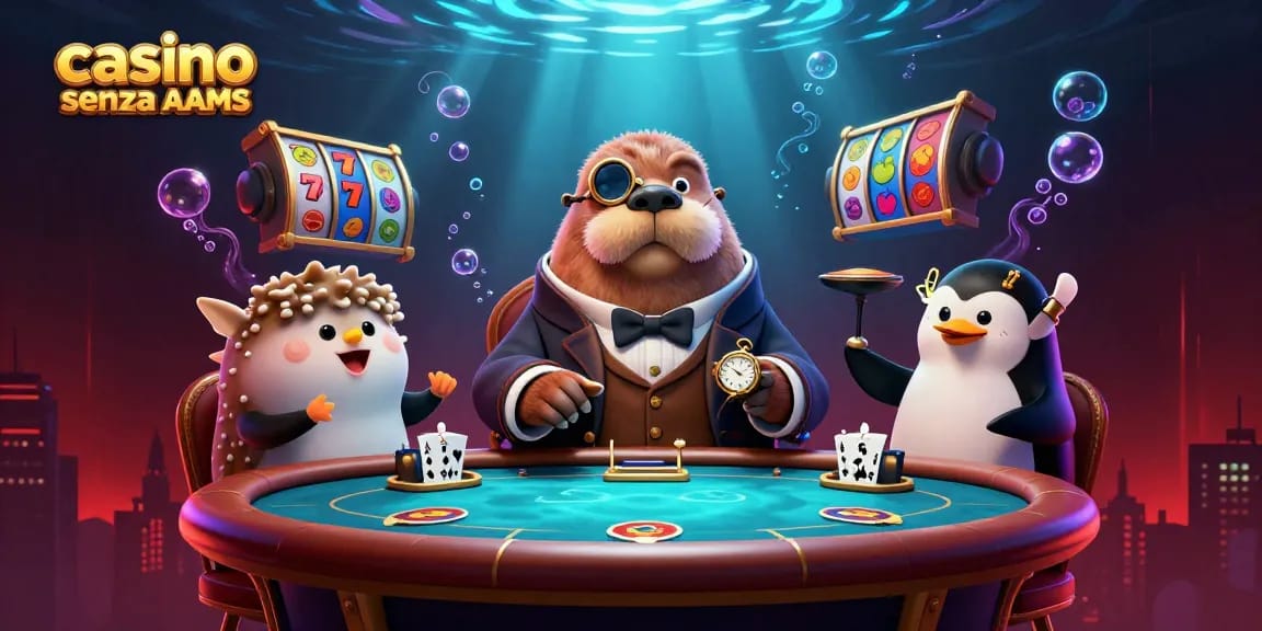 Gioca ai casinò senza AAMS con personaggi allegri in un'illustrazione vivace di poker subacqueo.