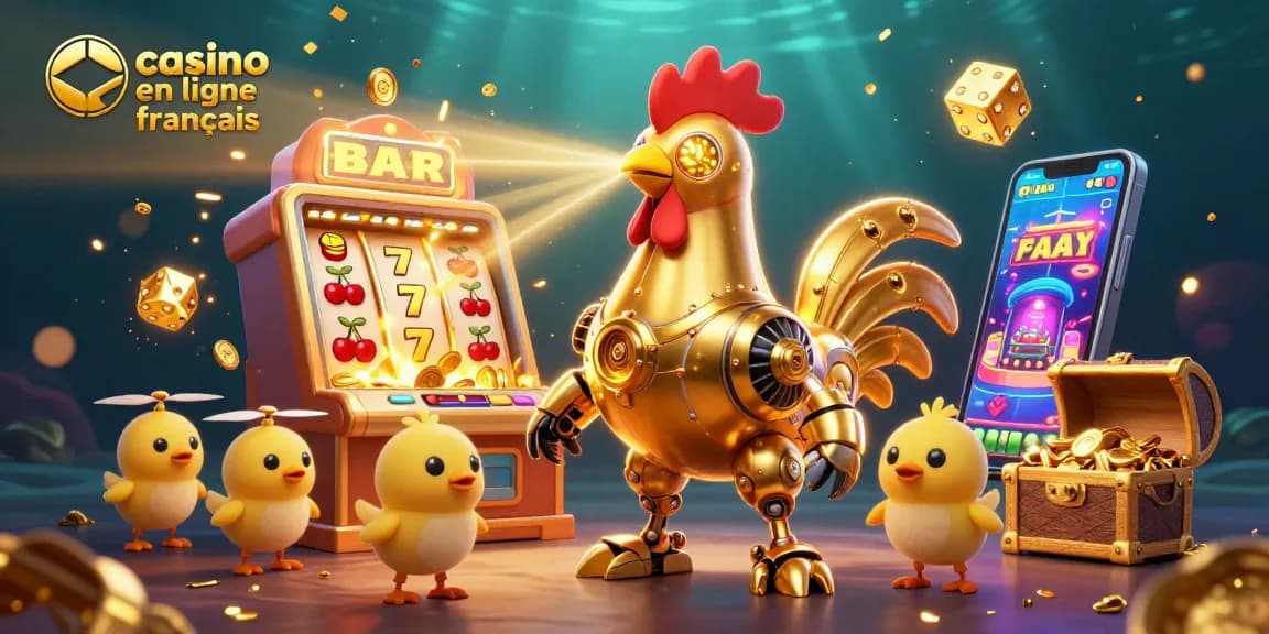 Illustration de l'interface des casinos en ligne français avec un robot doré, des drones et des machines à sous.