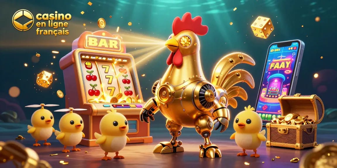 Illustration de l'interface des casinos en ligne français avec un robot doré, des drones et des machines à sous.