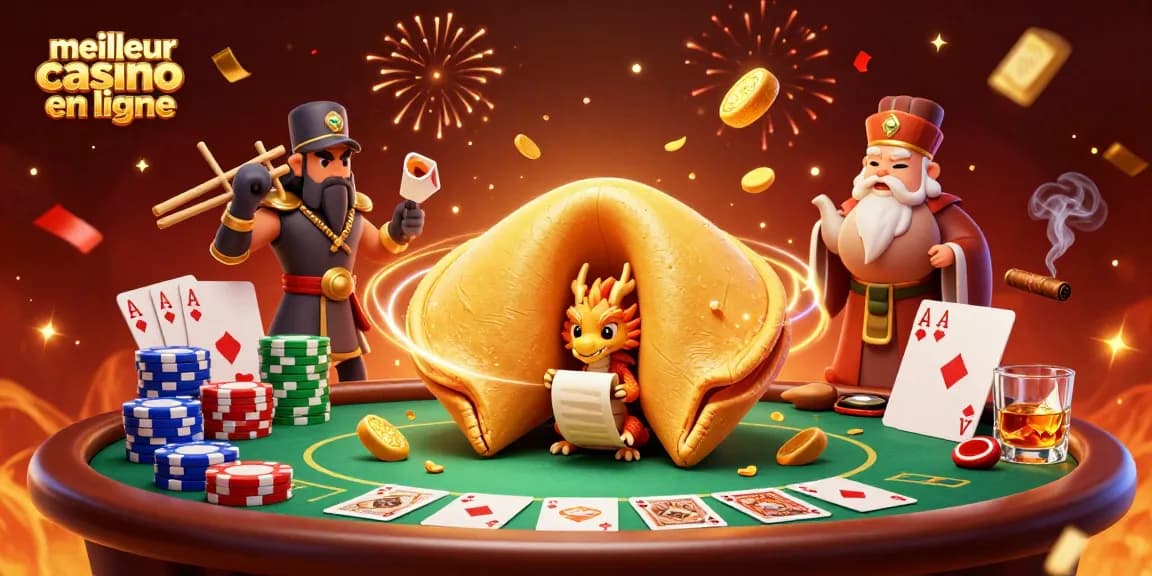 Visualisez le meilleur casino en ligne avec un dragon sage et des personnages évoquant l'excellence en jeu.
