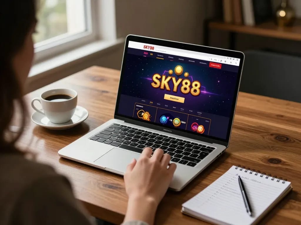 Engaging with the SKY88 online casino platform on a sleek laptop in a cozy setting