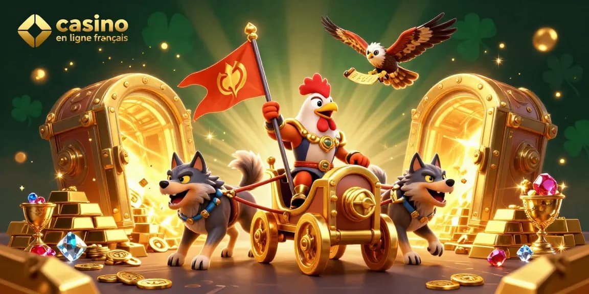Capturer l'énergie du jeu au casino en ligne français avec un roi coq sur un char doré et de riches trésors éparpillés.