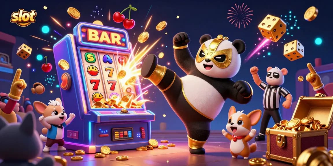 Slot yang penuh dengan simbol keberuntungan dan kegembiraan, dikelilingi oleh hewan kartun yang merayakan.