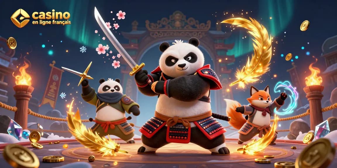Jouez au casino en ligne francais avec un samouraï panda et un renard ninja dans une scène dynamique.
