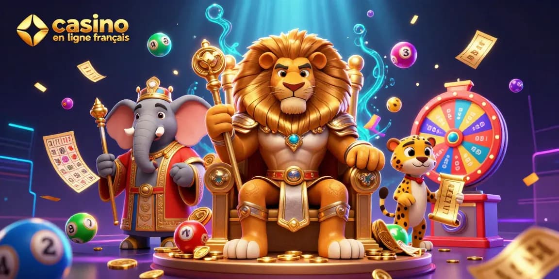 Plongez dans l'univers du casino en ligne français avec un roi lion, un éléphant et un guépard, entourés de jeux dynamiques.