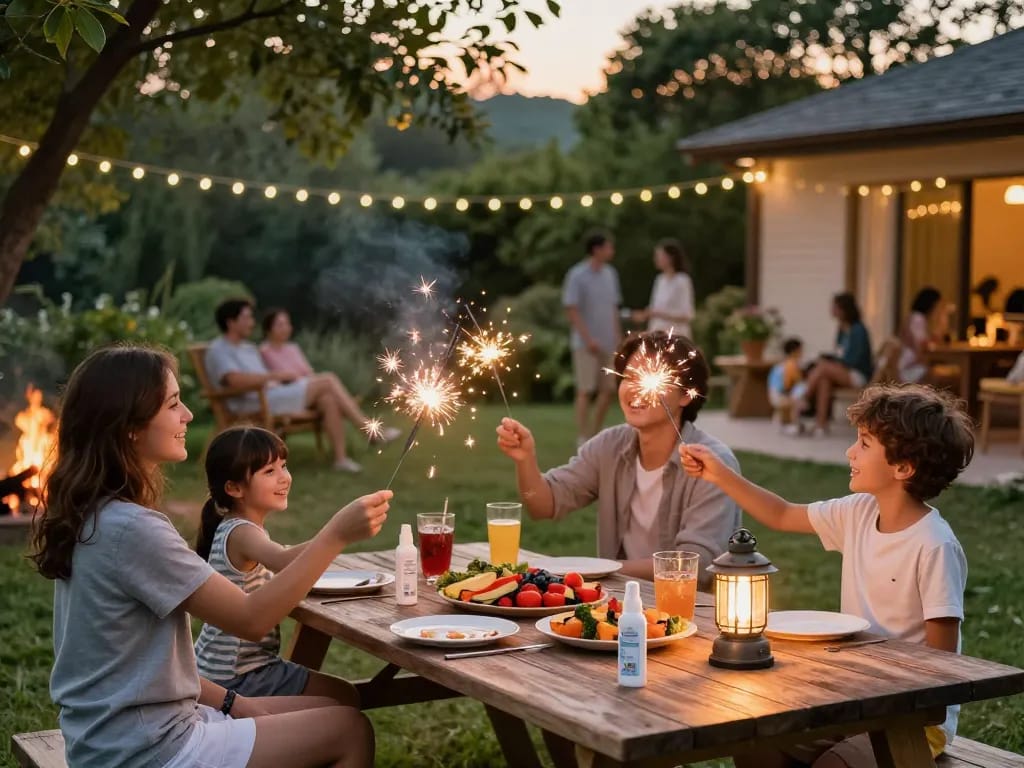 Family enjoying summer barbecue with effective mosquito repellent products, surrounded by a vibrant garden at sunset