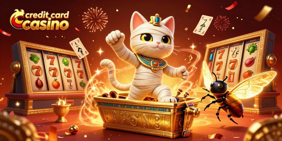 Experience the excitement of a credit card casino with a vibrant scene featuring a mummy cat and gold-themed elements.
