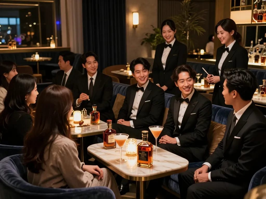 Experience a glamorous night at 강남쩜오 with elegant decor, premium drinks, and engaging hostesses.