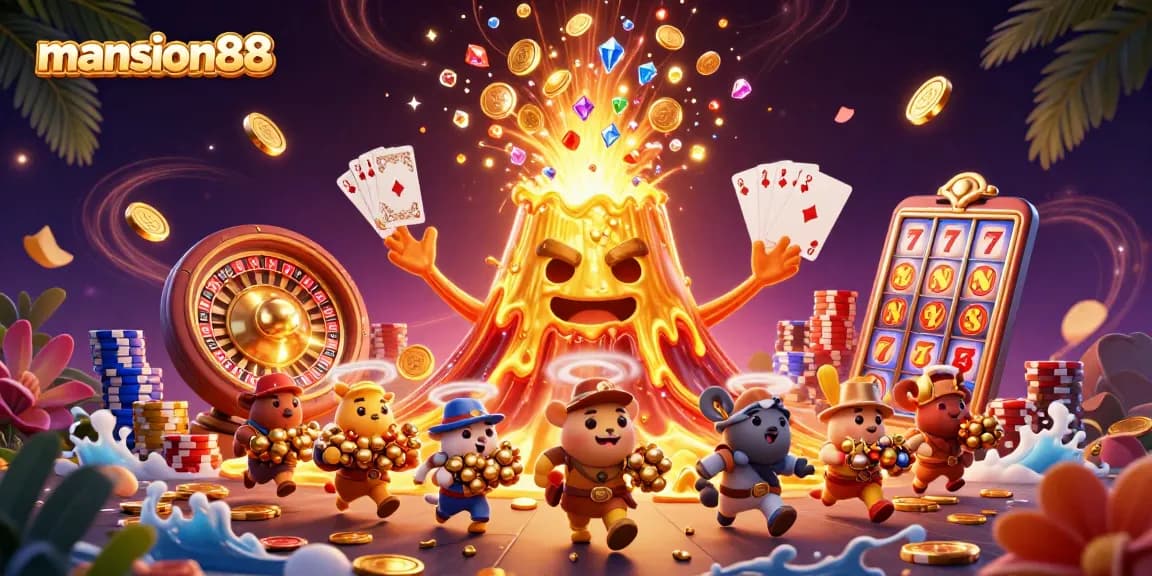 Experience the excitement of mansion88 with a vibrant 3D casino scene featuring a golden volcano and treasure-hunting animals.