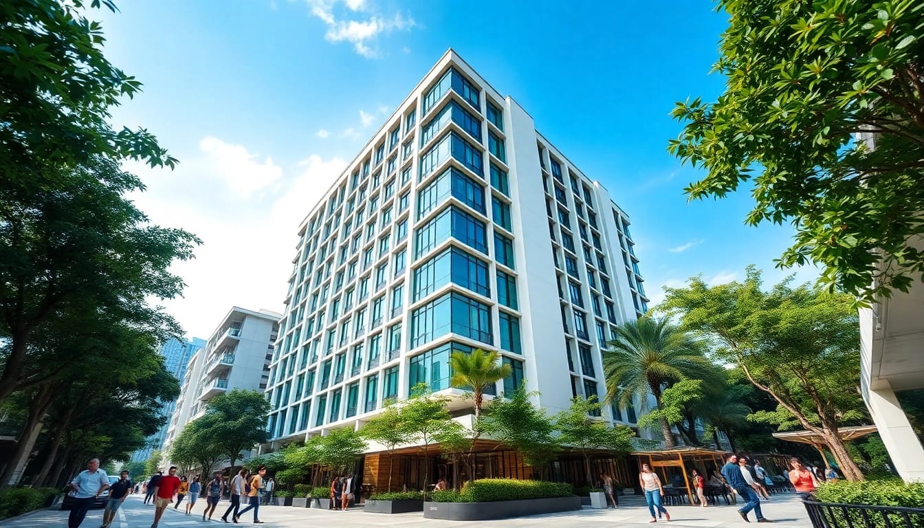 Tampines St 95 EC featuring a modern condominium surrounded by greenery and lively community.
