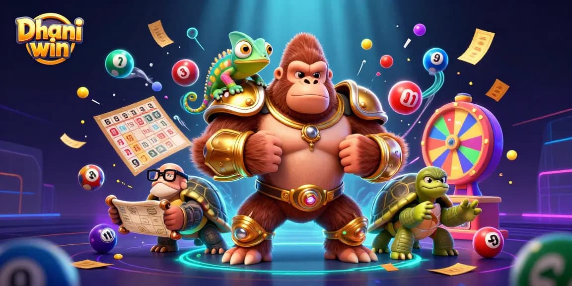 Dhani win platform showcasing a dynamic scene with colorful lottery elements and engaging characters for casino promotions.