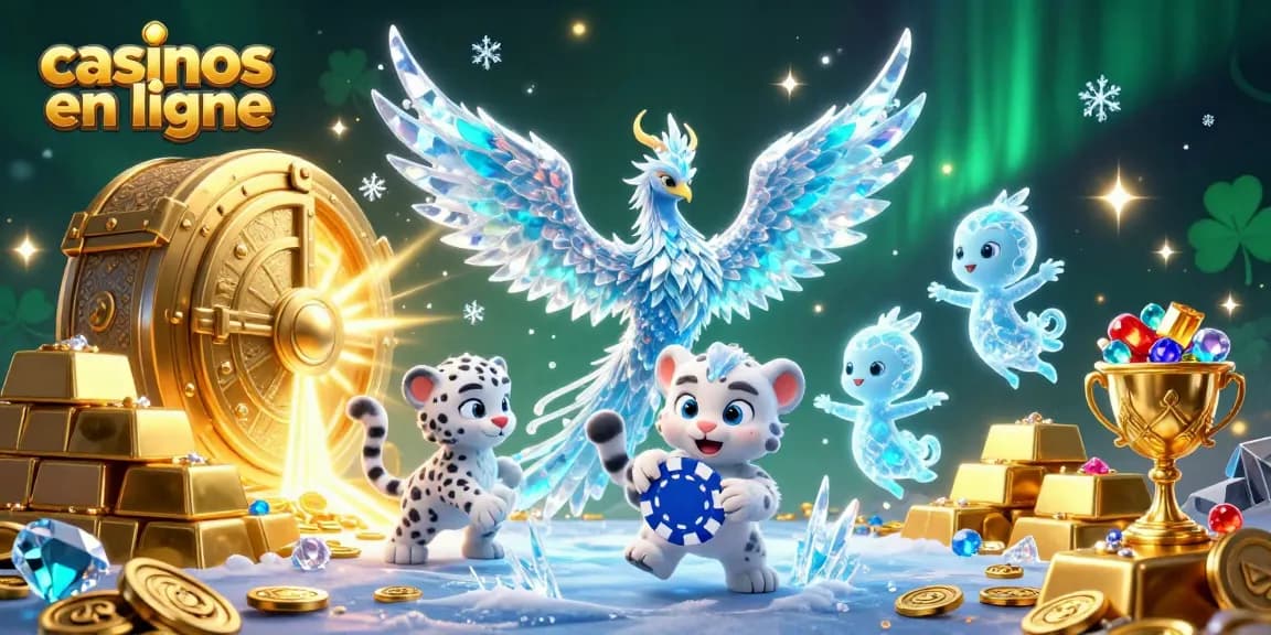 Casinos en ligne : Admirez un phénix de glace avec des esprits lumineux dans un décor féérique.