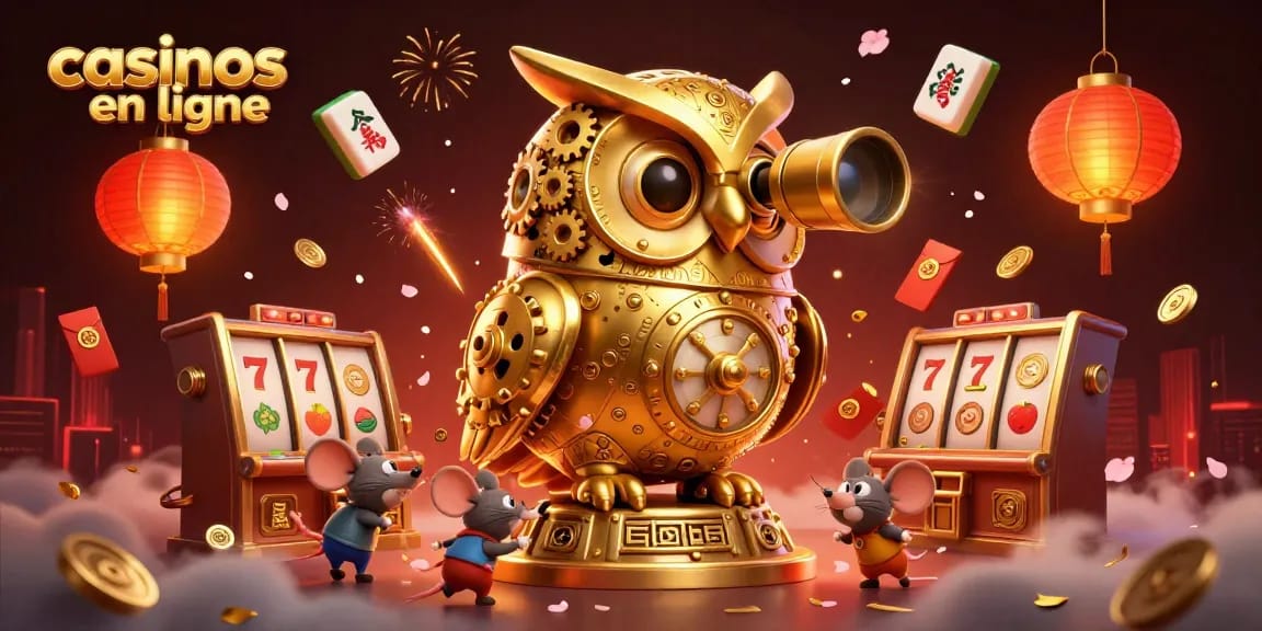 Plongez dans l'univers des casinos en ligne avec une illustration dynamique présentant un hibou doré et des machines à sous.