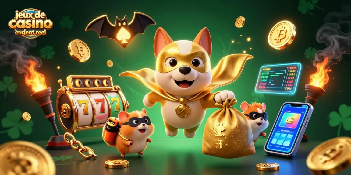 Jouez aux jeux de casino en ligne en argent réel avec ce visuel captivant d'un chien super-héros et son hamster, entourés de machines à sous et de cryptomonnaies.