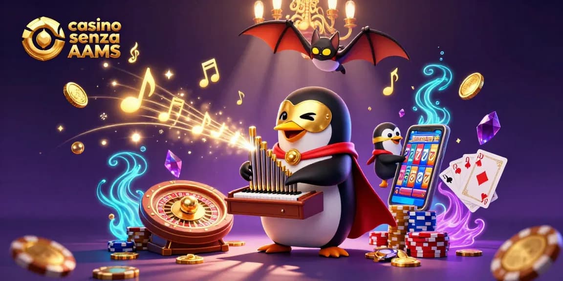 Giocatore nel casino senza AAMS con accattivanti simboli dorati e un'atmosfera vibrante.