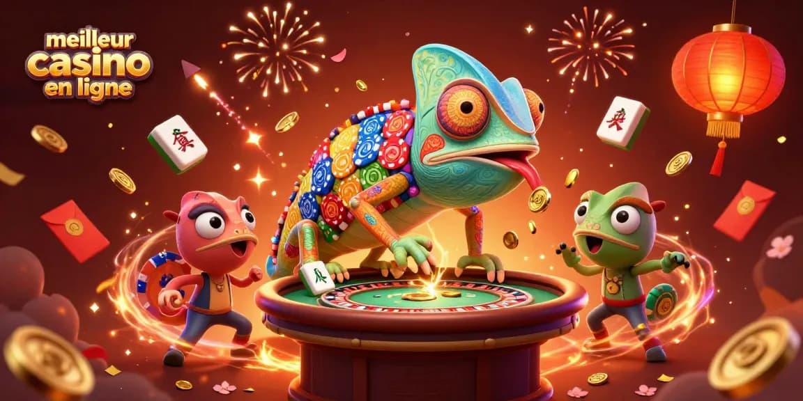 Le meilleur casino en ligne: illustration d'un propriétaire caméléon coloré attrapant des pièces d'or.