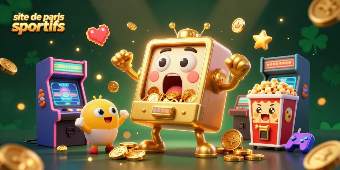 Jeu de casino animé où des machines à sous célèbrent un jackpot sur un site de paris sportifs.
