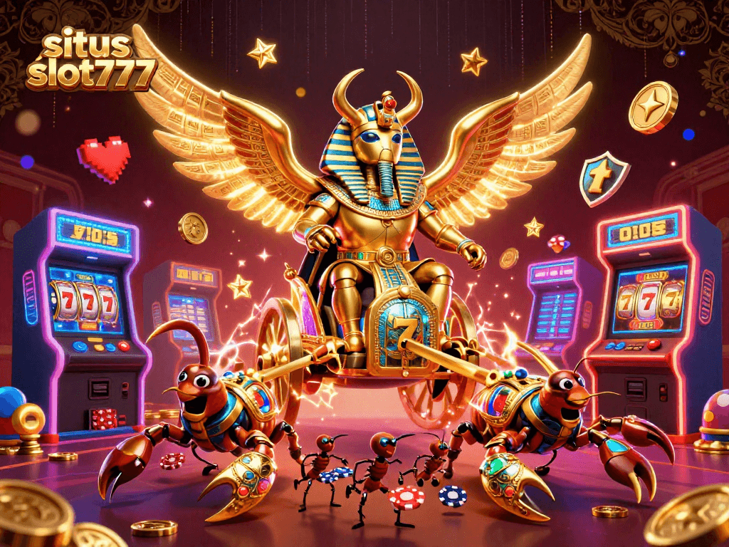 Situs slot777 showcases an exciting scene with a colossal golden scarab beetle leading a casino adventure amidst vibrant gaming elements.