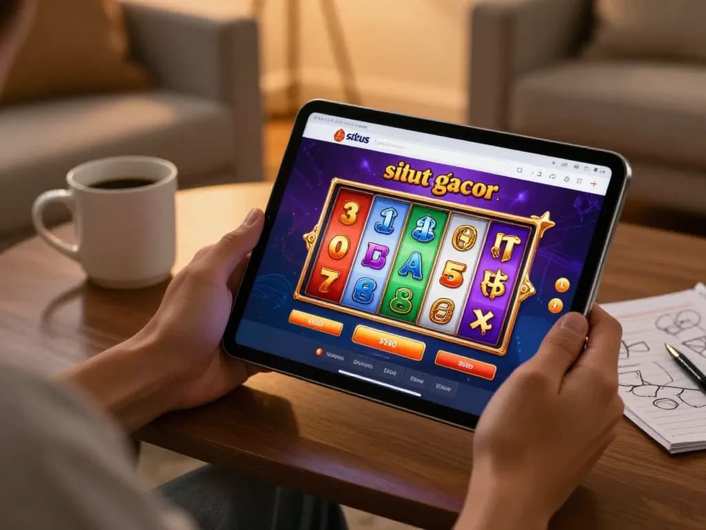 Savor the excitement of situs slot gacor with vibrant gameplay on a tablet in a cozy home setup.